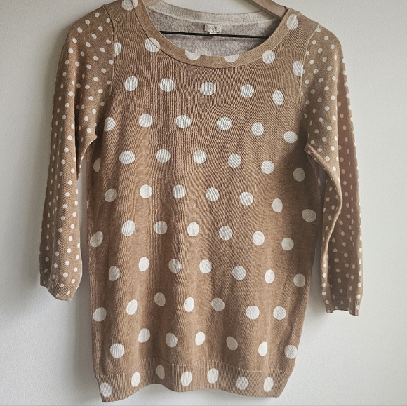 J. Crew Tan Cream Polka Dot Boatneck Pullover Linen Cotton Sweater M - Picture 2 of 8